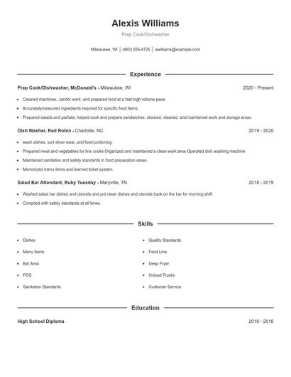 Prep Cook/Dishwasher Resume