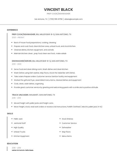 Prep Cook/Dishwasher Resume