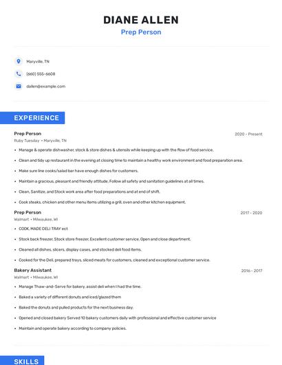 Prep Person Resume