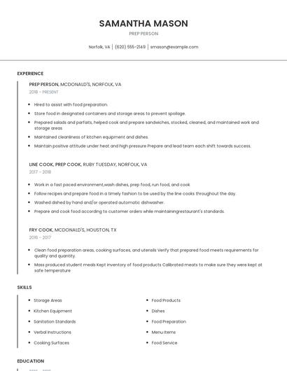 Prep Person Resume