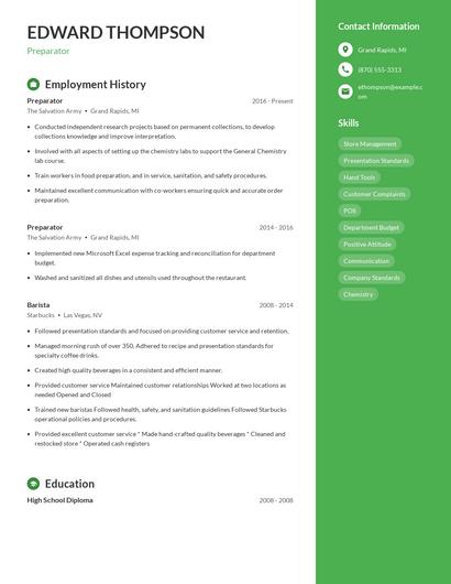 Preparator Resume