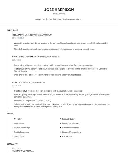Preparator Resume