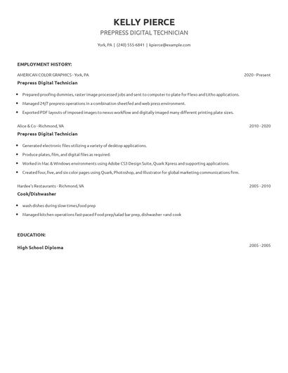 Prepress Digital Technician Resume