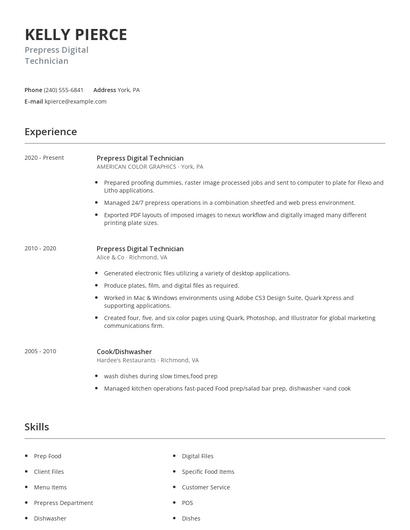 Prepress Digital Technician Resume