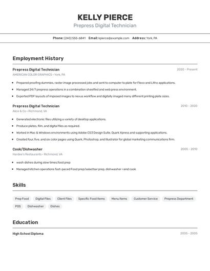 Prepress Digital Technician Resume