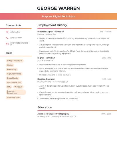 Prepress Digital Technician Resume