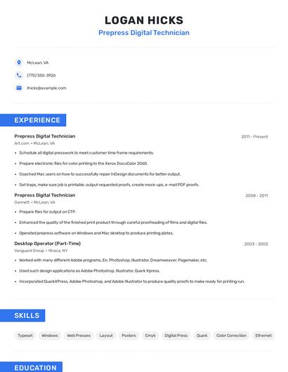 Prepress Digital Technician Resume