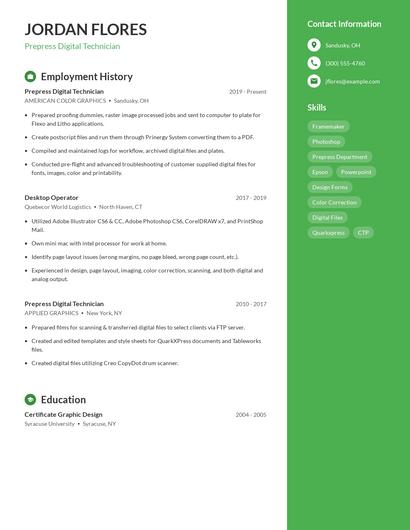 Prepress Digital Technician Resume