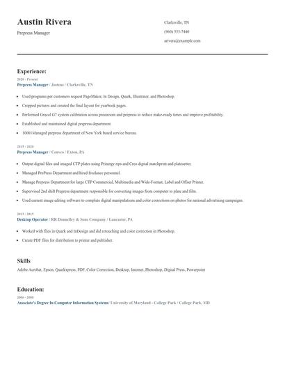 Prepress Manager Resume