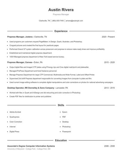 Prepress Manager Resume