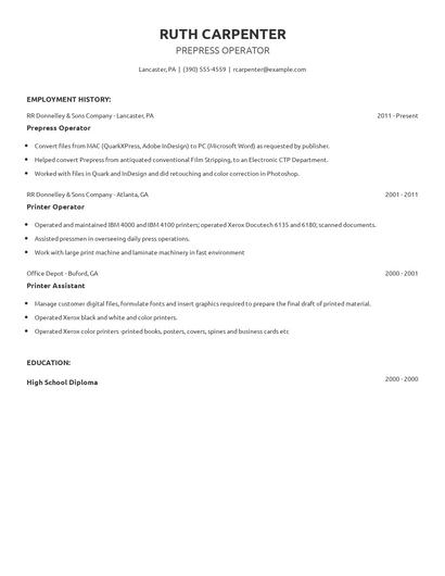 Prepress Operator Resume