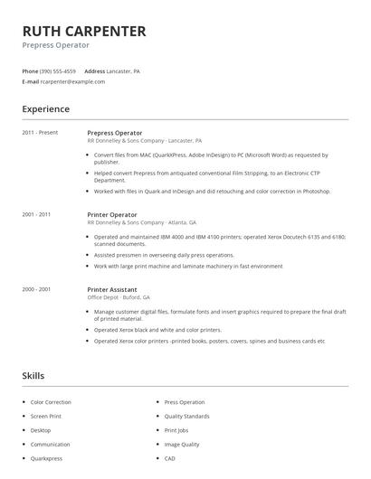 Prepress Operator Resume