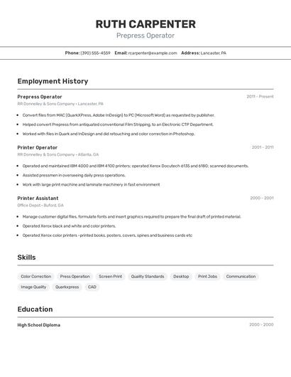 Prepress Operator Resume
