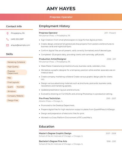 Prepress Operator Resume