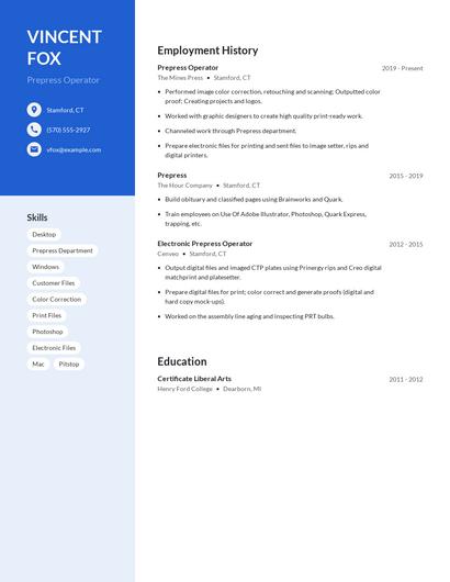 Prepress Operator Resume