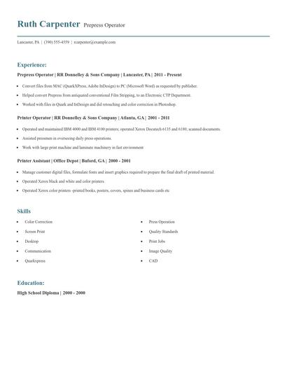 Prepress Operator Resume