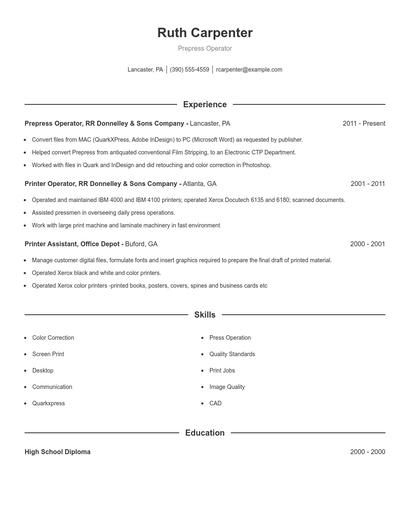 Prepress Operator Resume
