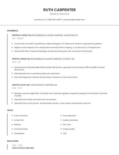 Prepress Operator Resume