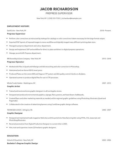 Prepress Supervisor Resume