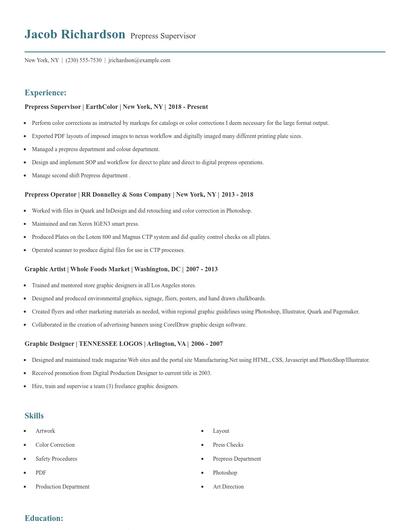Prepress Supervisor Resume