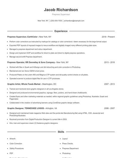 Prepress Supervisor Resume