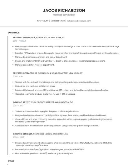 Prepress Supervisor Resume
