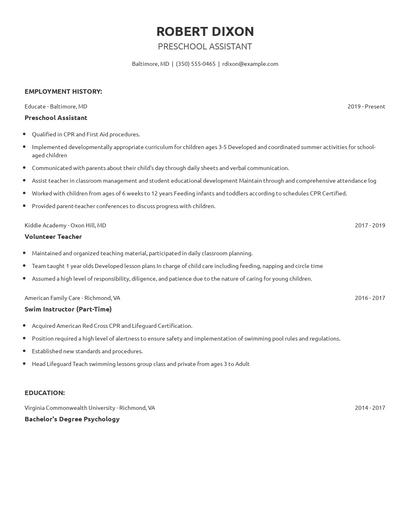 Preschool Assistant Resume