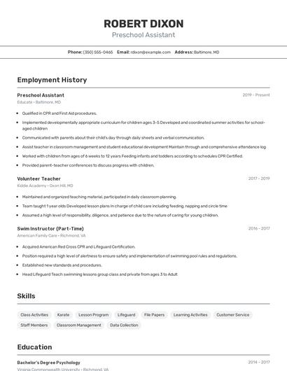 Preschool Assistant Resume