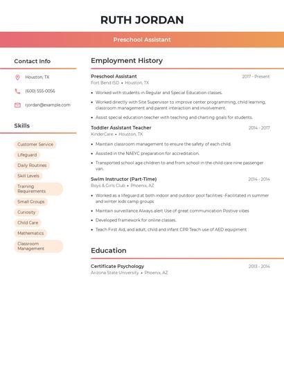 Preschool Assistant Resume