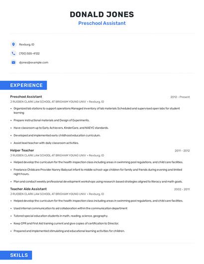 Preschool Assistant Resume