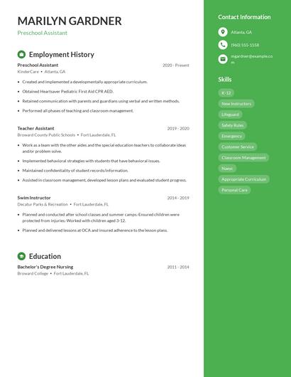 Preschool Assistant Resume