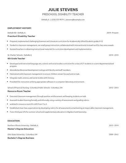 Preschool Disability Teacher Resume