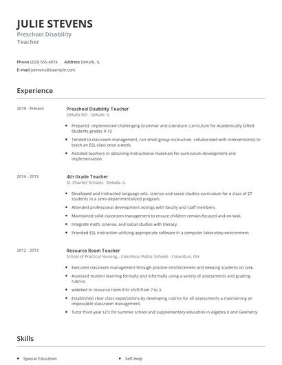 Preschool Disability Teacher Resume