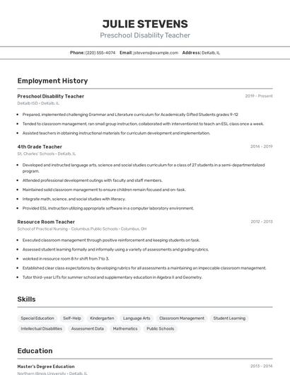 Preschool Disability Teacher Resume