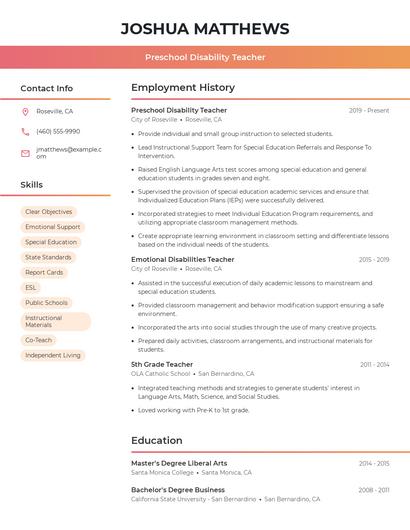 Preschool Disability Teacher Resume