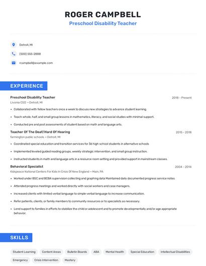 Preschool Disability Teacher Resume