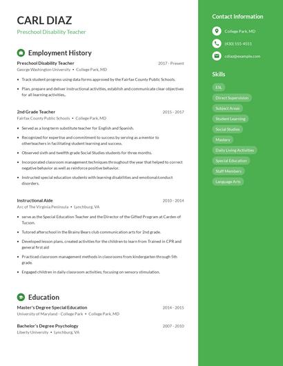 Preschool Disability Teacher Resume