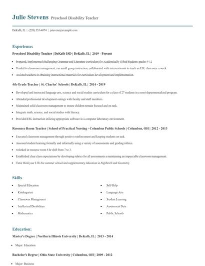 Preschool Disability Teacher Resume