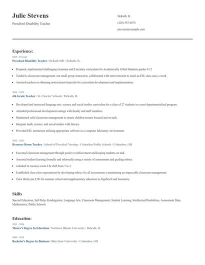 Preschool Disability Teacher Resume