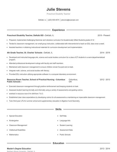 Preschool Disability Teacher Resume