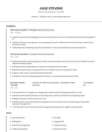 Preschool Disability Teacher Resume