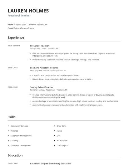 Preschool Teacher Resume