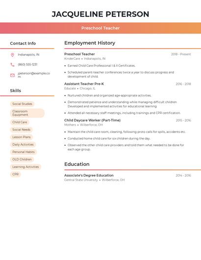 Preschool Teacher Resume
