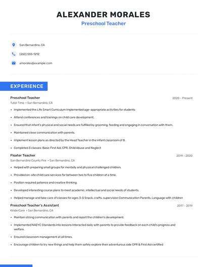 Preschool Teacher Resume