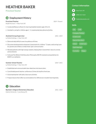 Preschool Teacher Resume