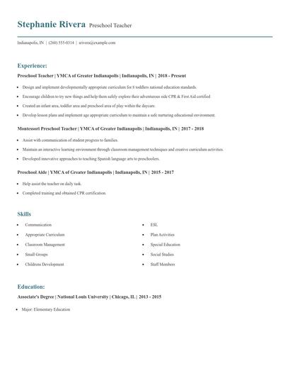 Preschool Teacher Resume