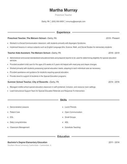 Preschool Teacher Resume