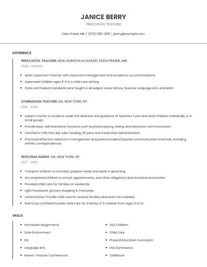 Preschool Teacher Resume