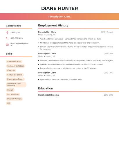 Prescription Clerk Resume