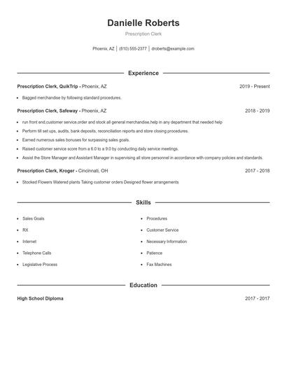 Prescription Clerk Resume